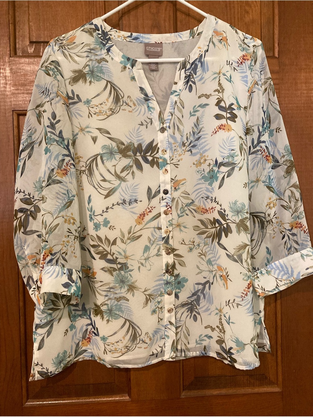 Chico’s Mixed Colored Print Button-Up Sheer Blouse Women’s Size 2